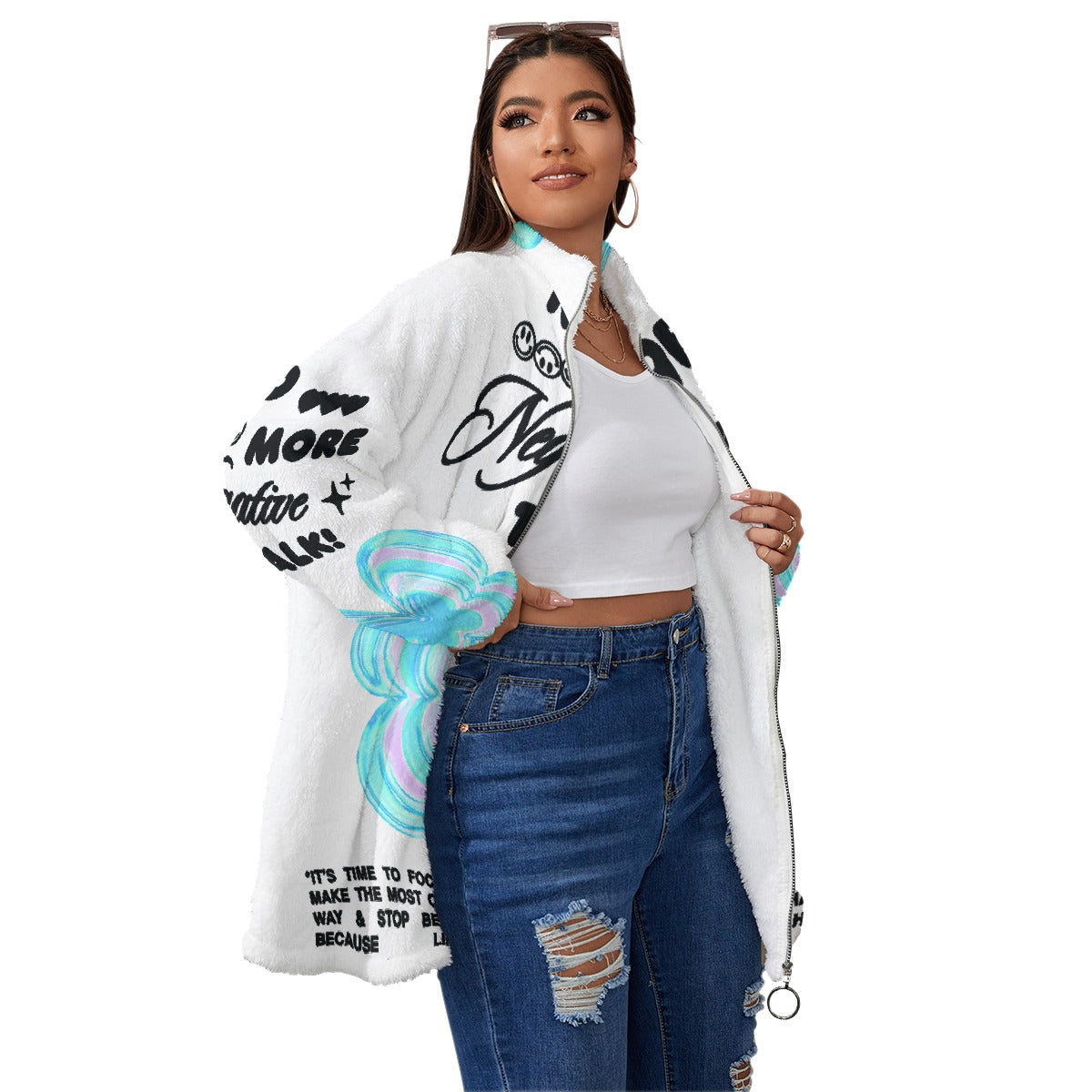 All-Over Print Unisex Borg Fleece Stand-up Collar Coat With Zipper Closure(Plus Size)