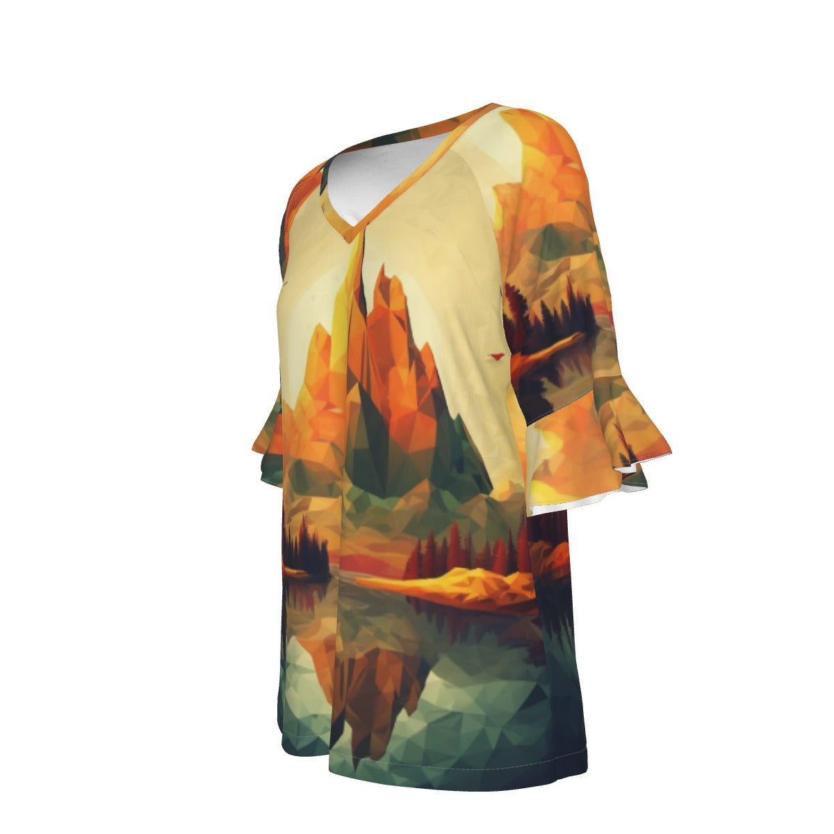 All-Over Print V-neck Women's T-shirt With Bell Sleeve