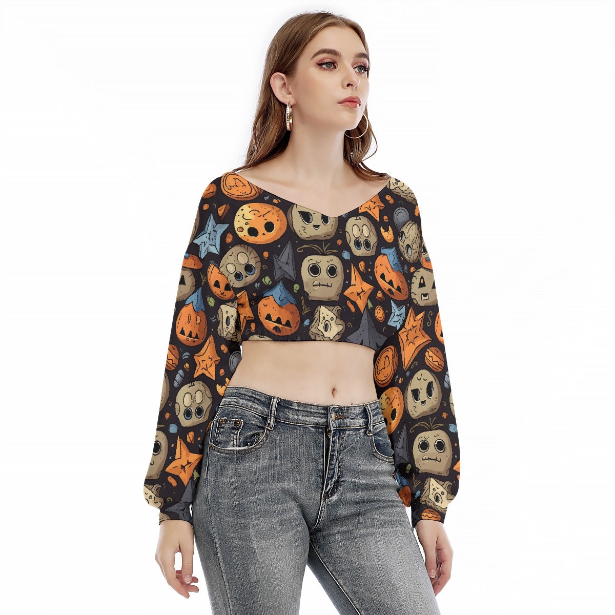All-Over Print Women's V-neck Long Sleeve Cropped Sweatshirt