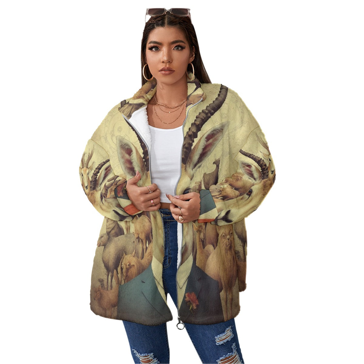 All-Over Print Unisex Borg Fleece Stand-up Collar Coat With Zipper Closure(Plus Size)