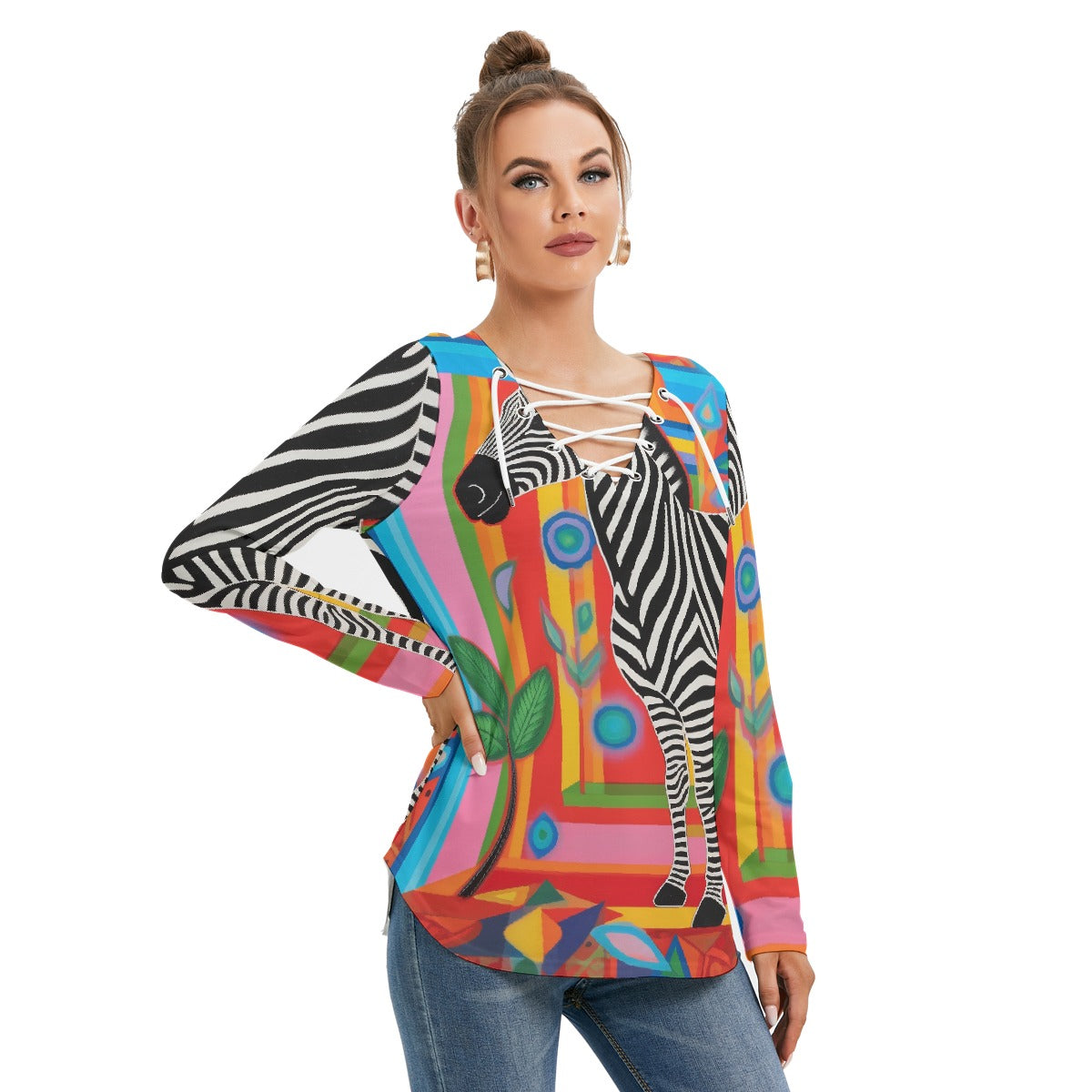 All-Over Print Women's Long Sleeve Neckline Tie Sweatshirt