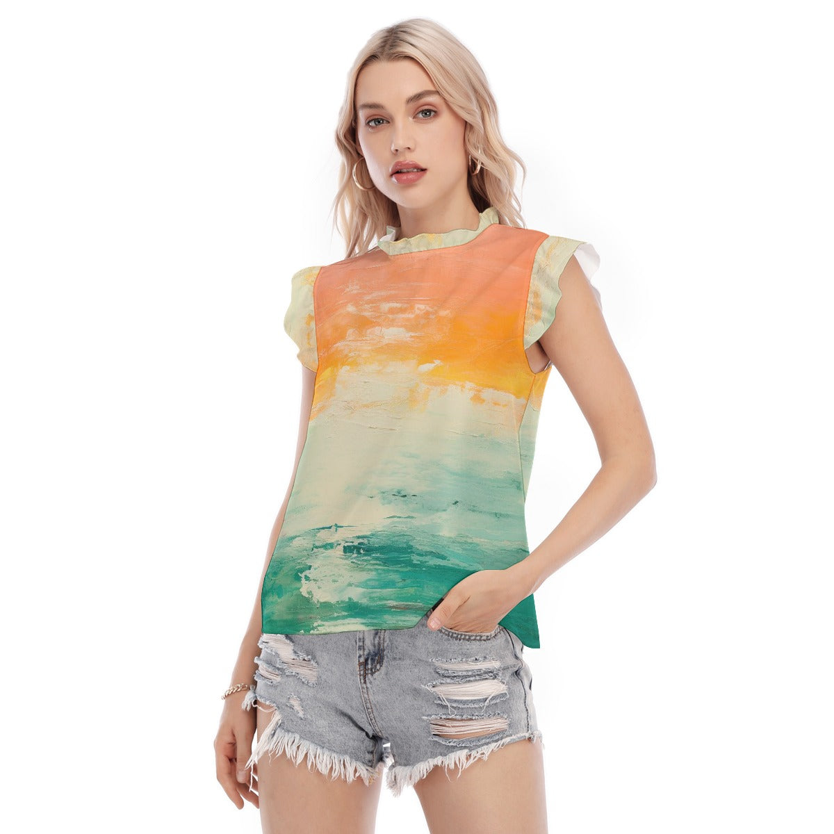 All-Over Print Women's Blouse With Ruffle Collar And Sleeve