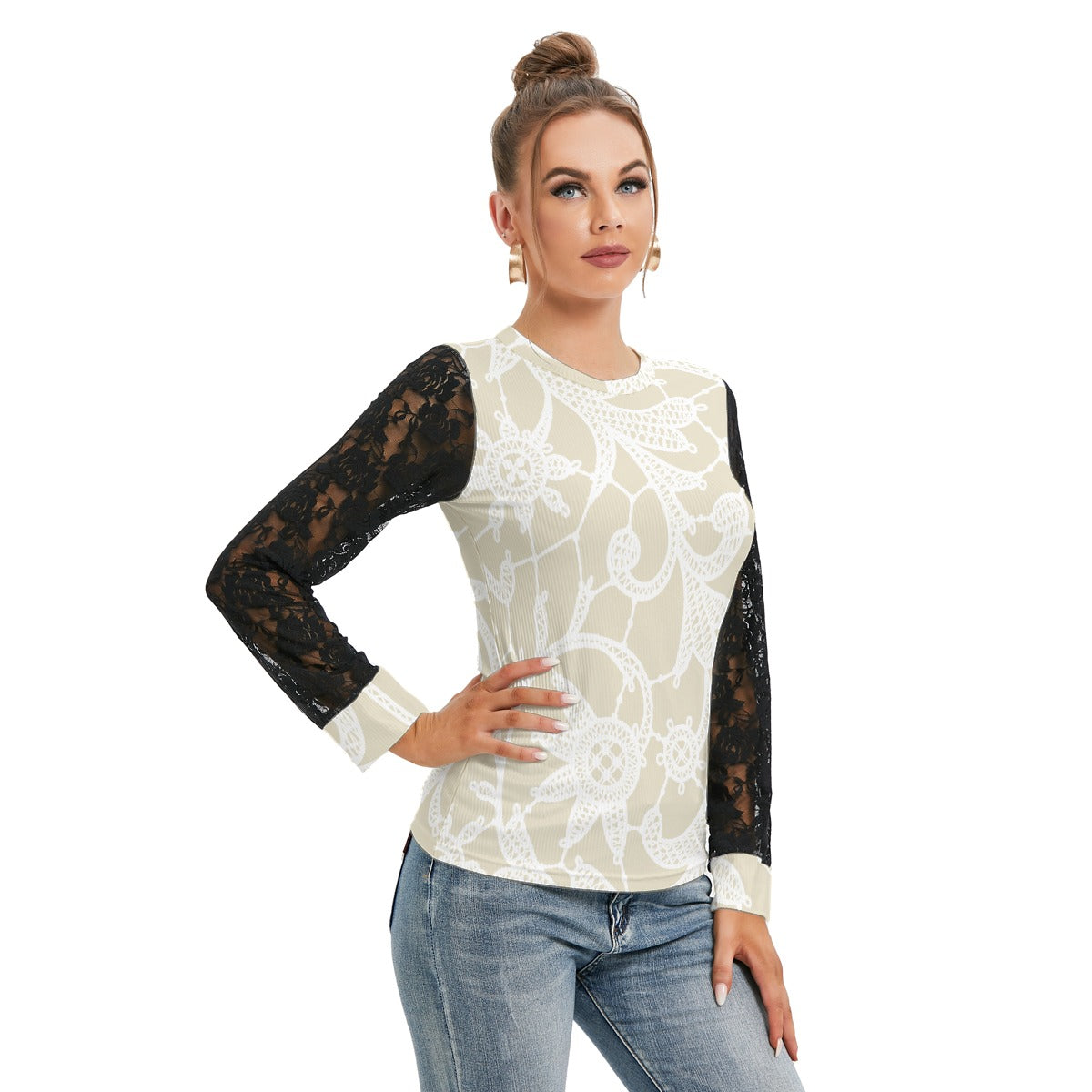All-Over Print Women's T-shirt And Sleeve With Black Lace
