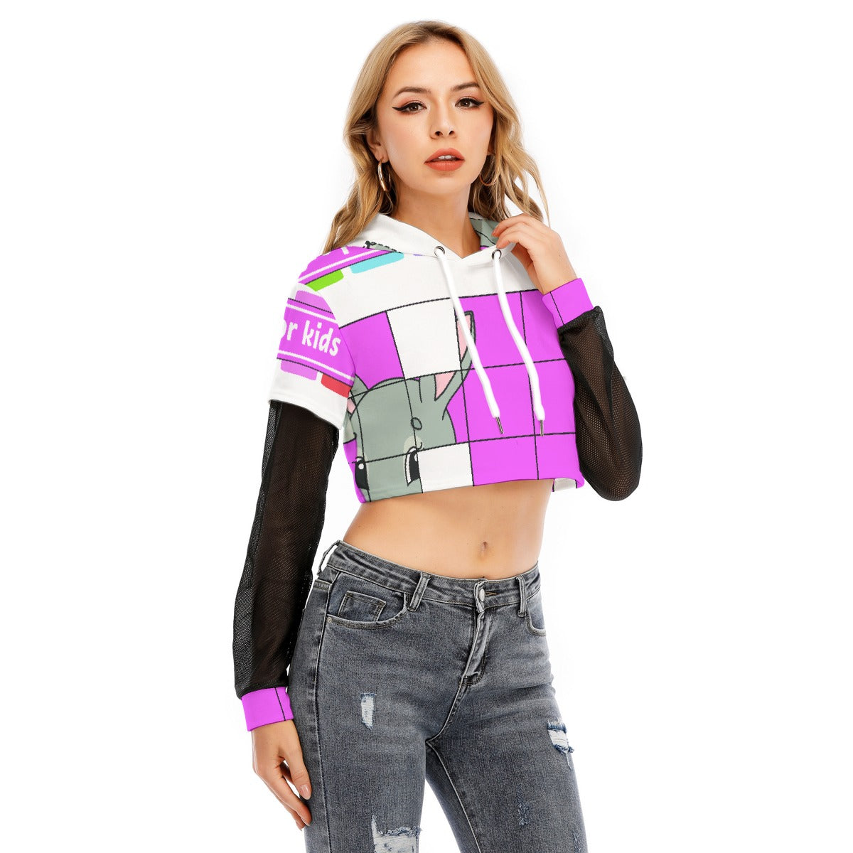 All-Over Print Women's Fake Two-piece Mesh Sleeve Cropped Hoodie