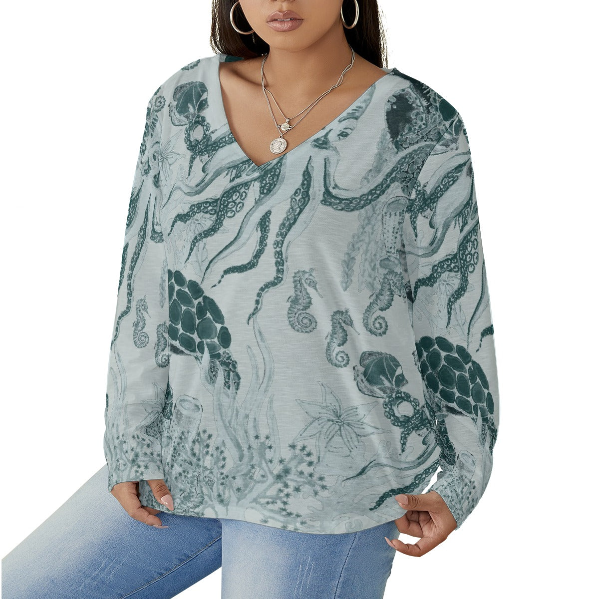 All-Over Print Women's V-neck T-shirt With Curved Hem(Plus Size)