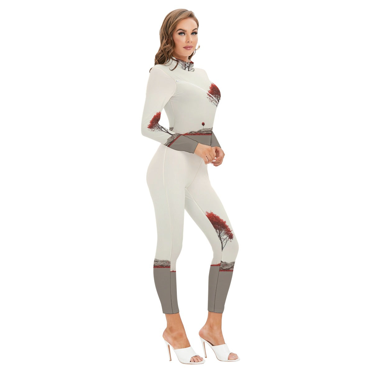 All-Over Print Women's Long-sleeved High-neck Jumpsuit With Zipper