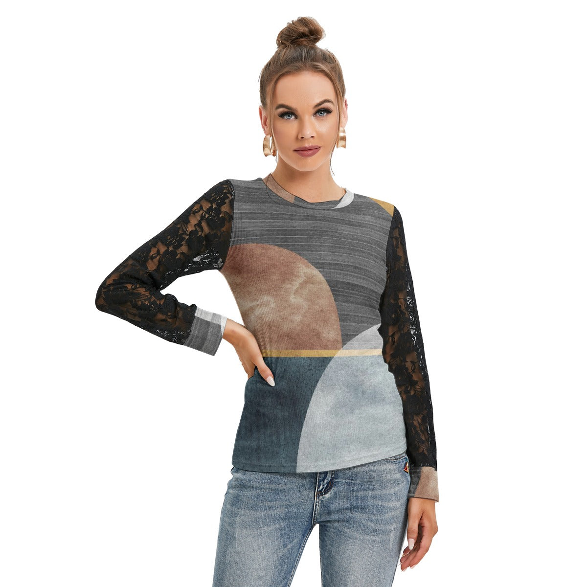 All-Over Print Women's T-shirt And Sleeve With Black Lace