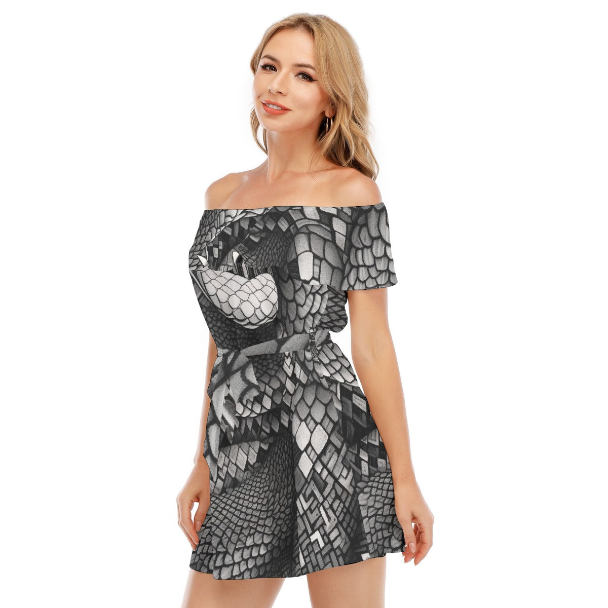 All-Over Print Women's Off-shoulder Dress With Ruffle