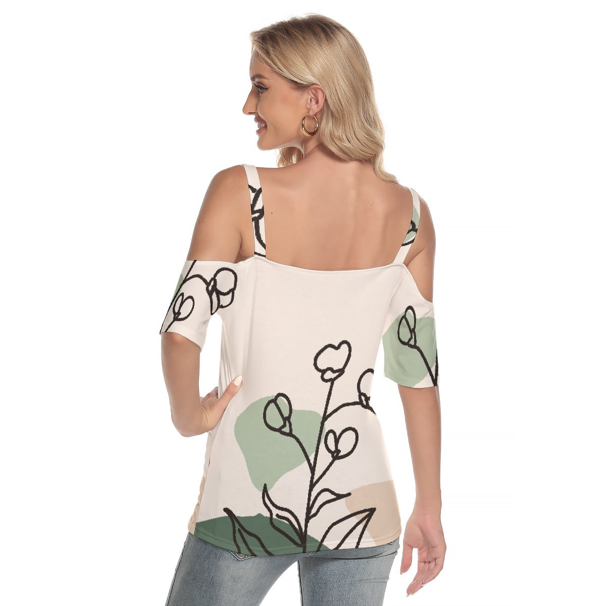 All-Over Print Women's Cold Shoulder T-shirt With Criss Cross Strips