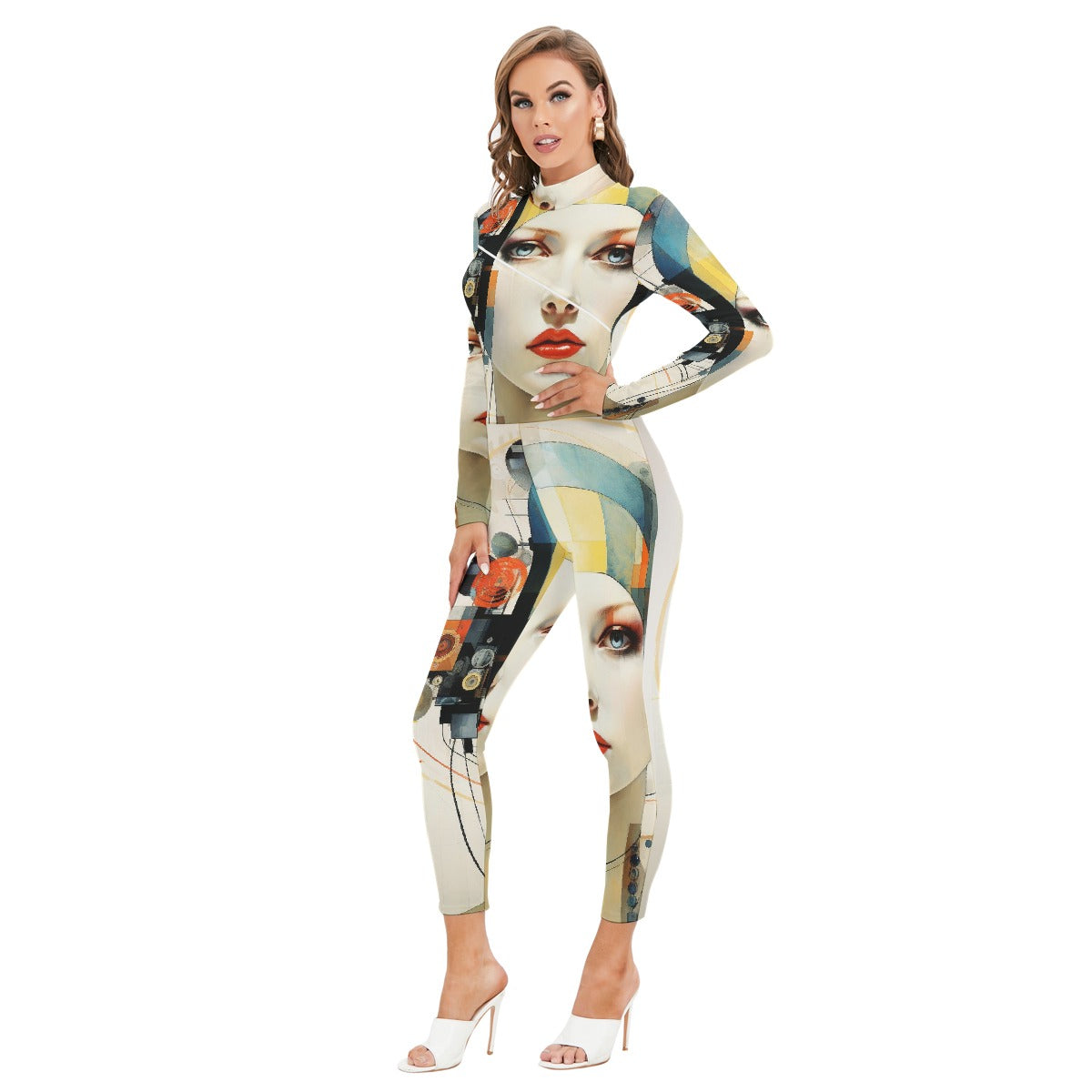 All-Over Print Women's Long-sleeved High-neck Jumpsuit With Zipper