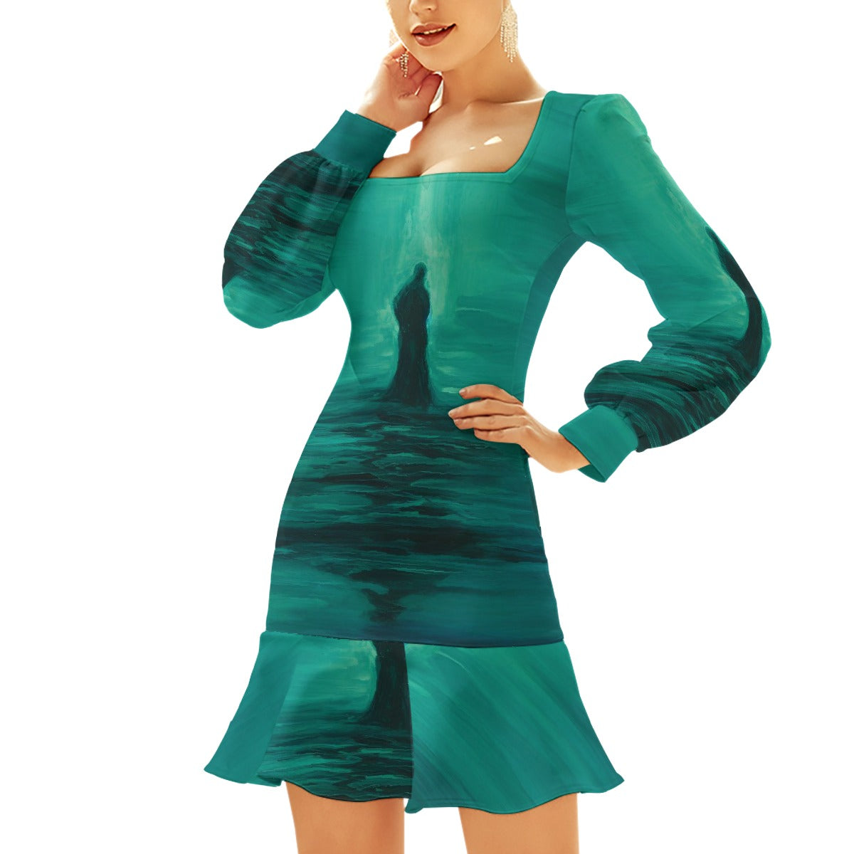 All-Over Print Women's Ruffle Hem Skinny Dress