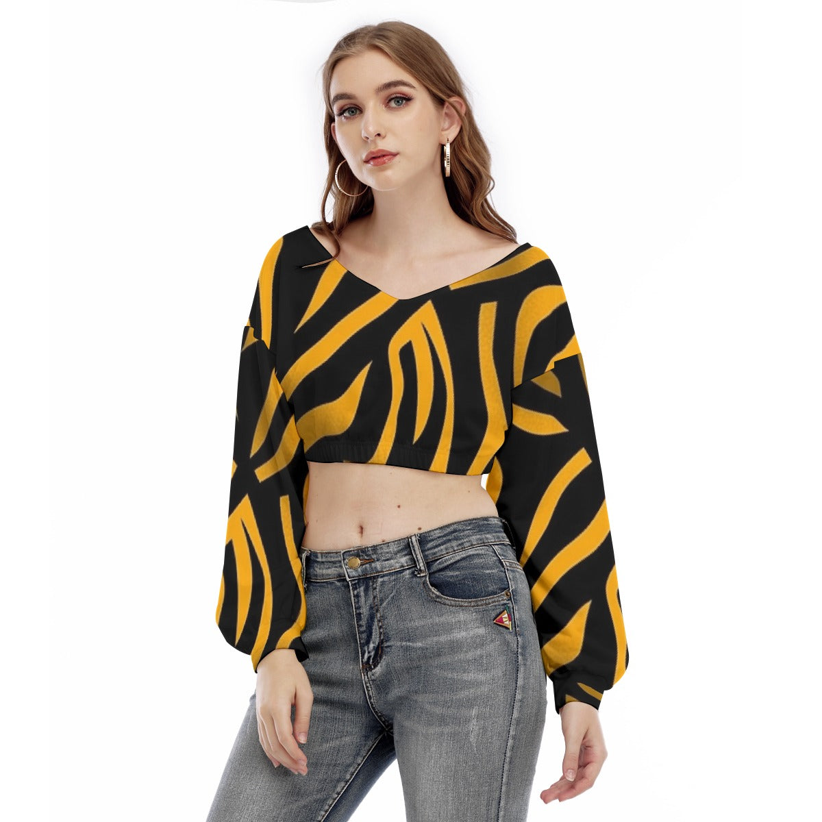 All-Over Print Women's V-neck Long Sleeve Cropped Sweatshirt