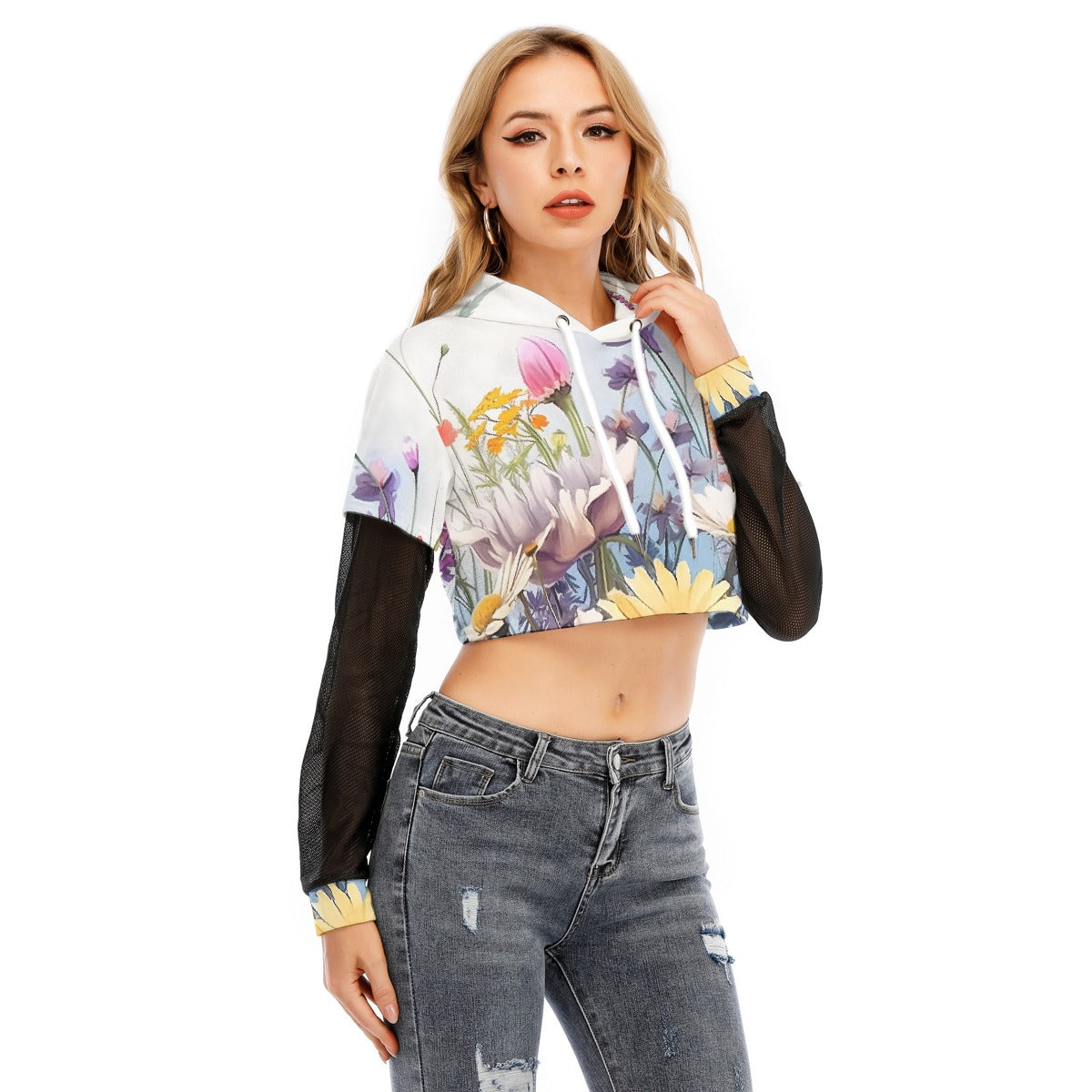 All-Over Print Women's Fake Two-piece Mesh Sleeve Cropped Hoodie