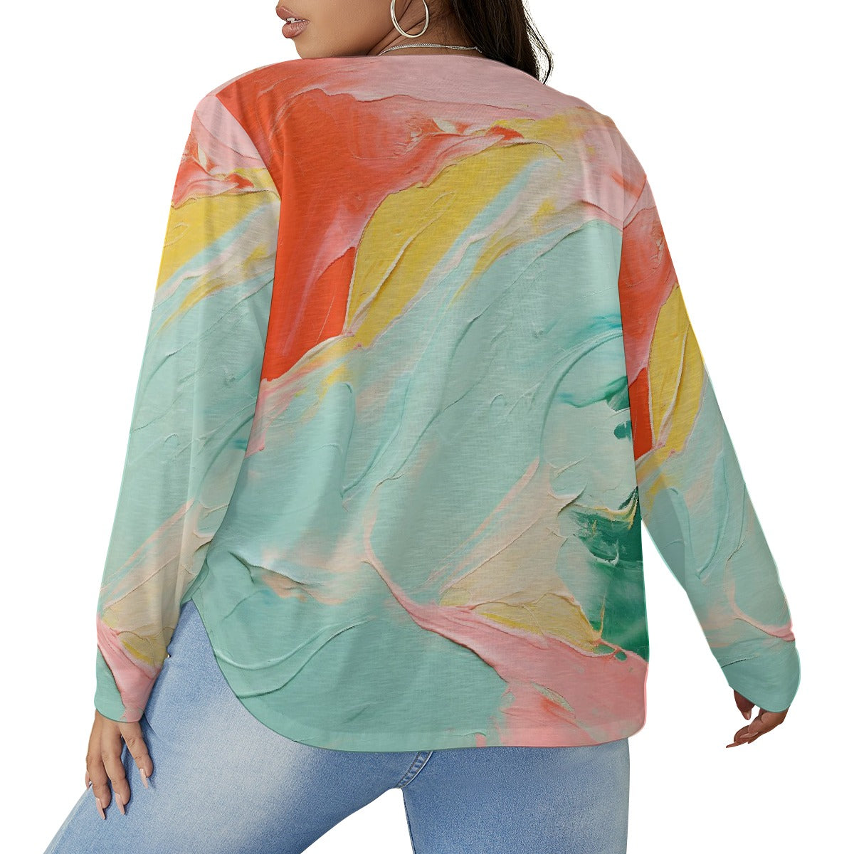 All-Over Print Women's V-neck T-shirt With Curved Hem(Plus Size)