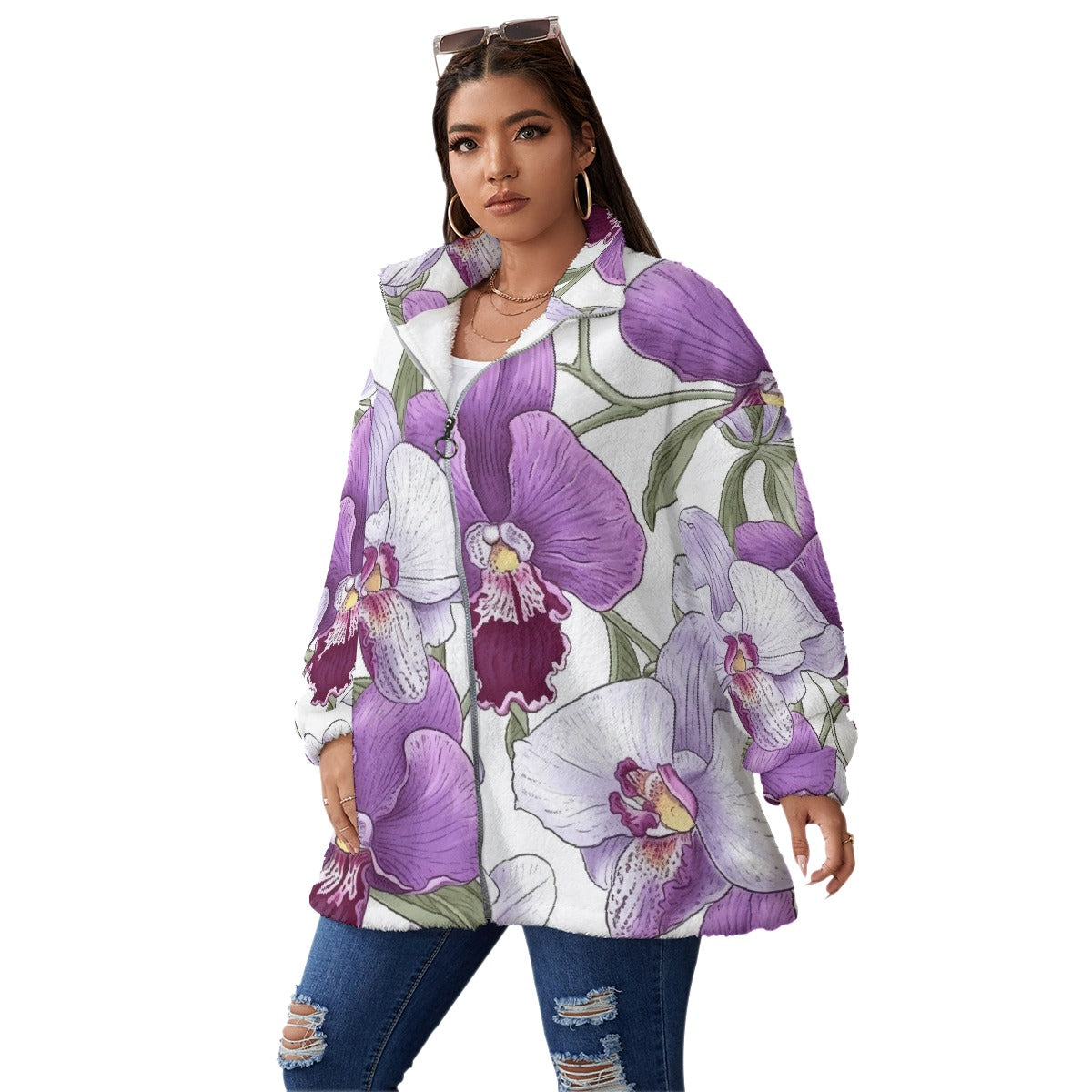 All-Over Print Unisex Borg Fleece Stand-up Collar Coat With Zipper Closure(Plus Size)