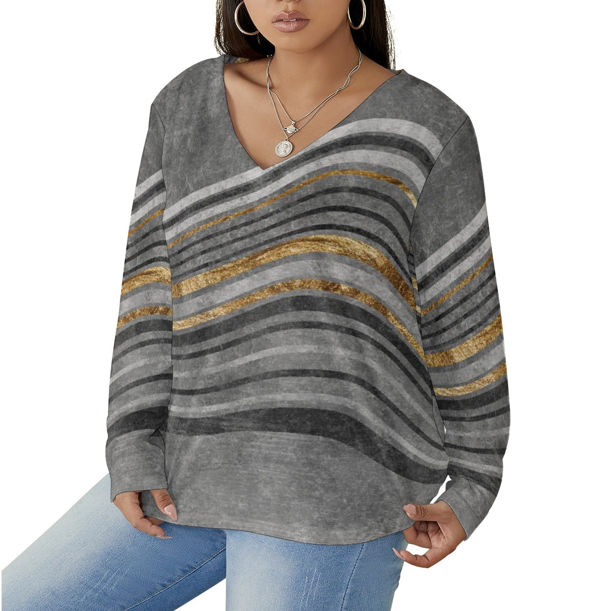 All-Over Print Women's V-neck T-shirt With Curved Hem(Plus Size)