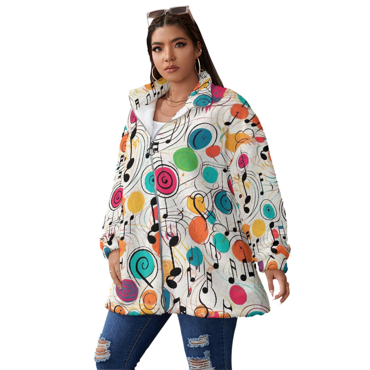 All-Over Print Unisex Borg Fleece Stand-up Collar Coat With Zipper Closure(Plus Size)