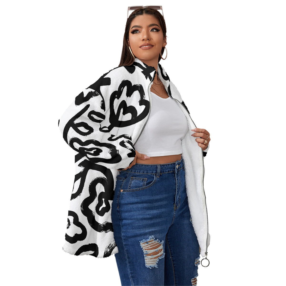 All-Over Print Unisex Borg Fleece Stand-up Collar Coat With Zipper Closure(Plus Size)