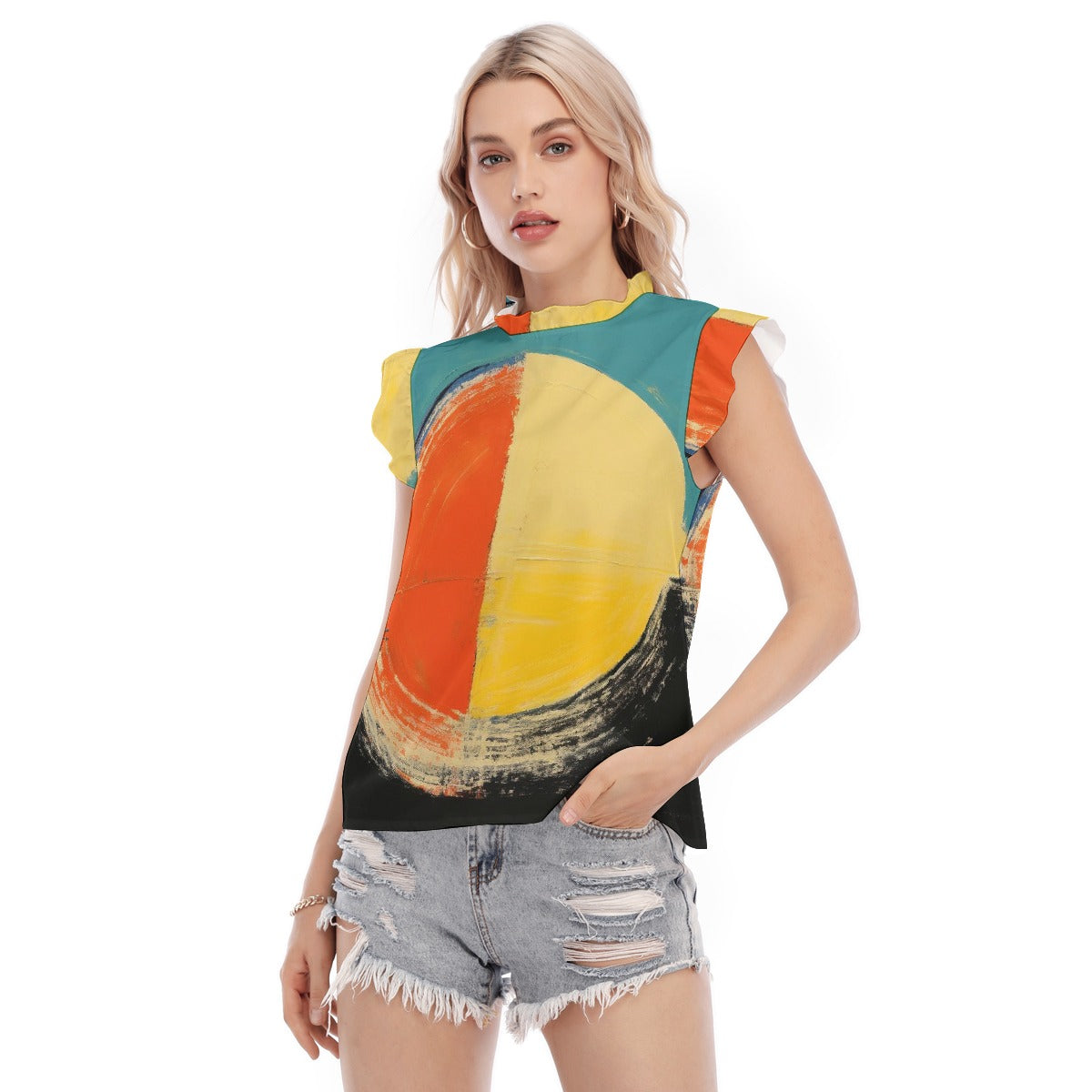 All-Over Print Women's Blouse With Ruffle Collar And Sleeve