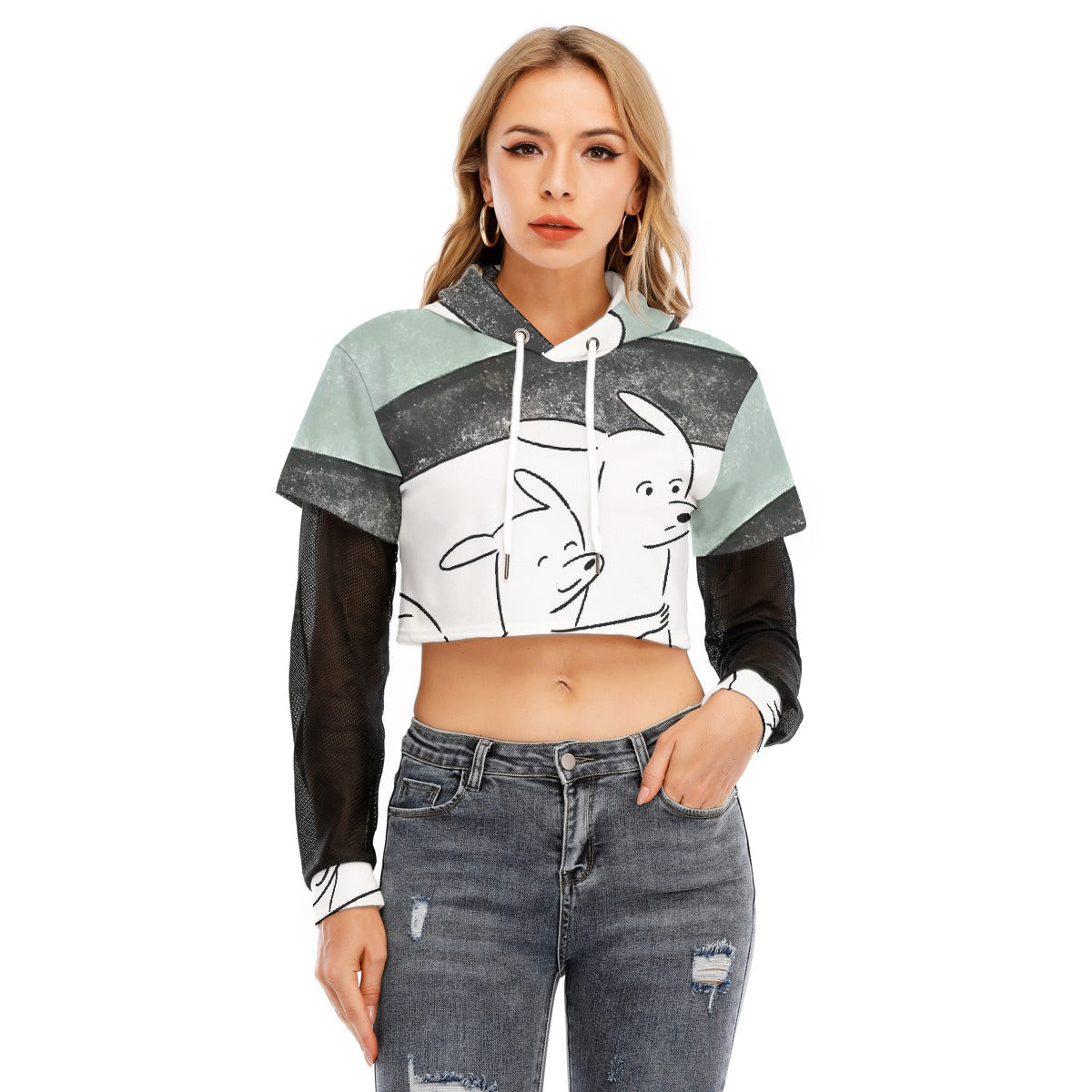 All-Over Print Women's Fake Two-piece Mesh Sleeve Cropped Hoodie