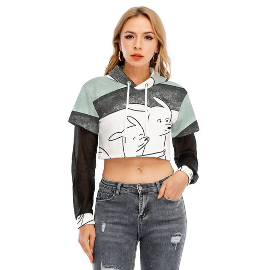 All-Over Print Women's Fake Two-piece Mesh Sleeve Cropped Hoodie