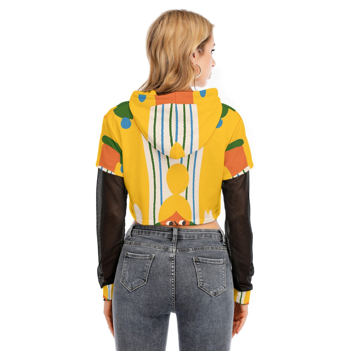 All-Over Print Women's Fake Two-piece Mesh Sleeve Cropped Hoodie