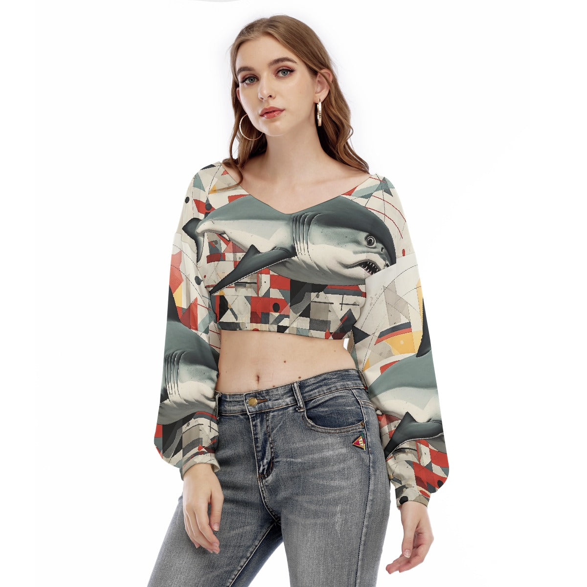 All-Over Print Women's V-neck Long Sleeve Cropped Sweatshirt