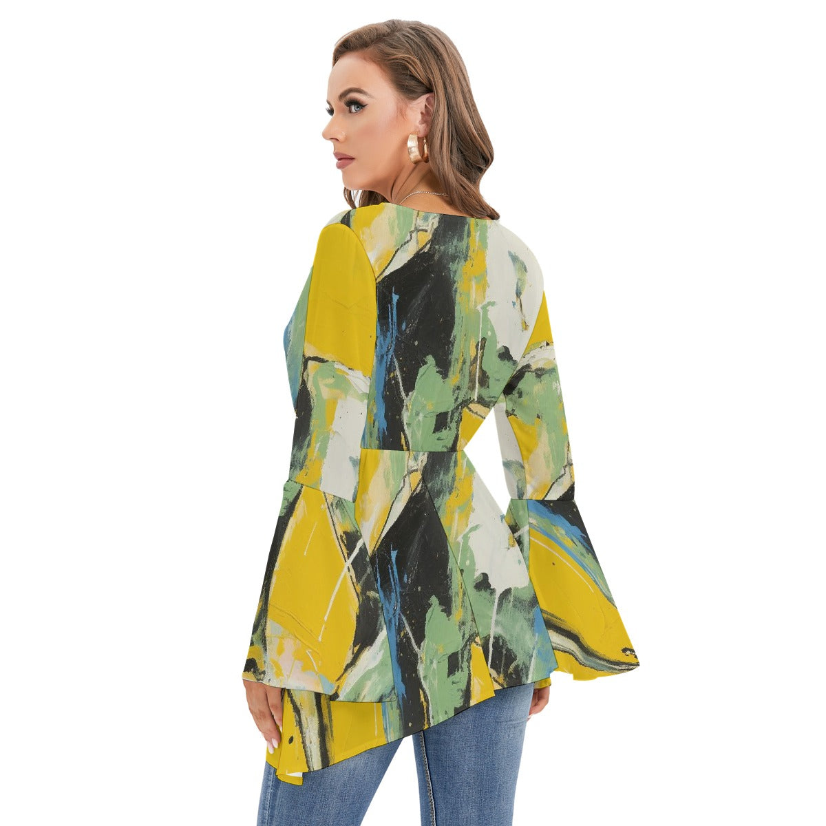 All-Over Print Women's V-neck Blouse With Flared Sleeves