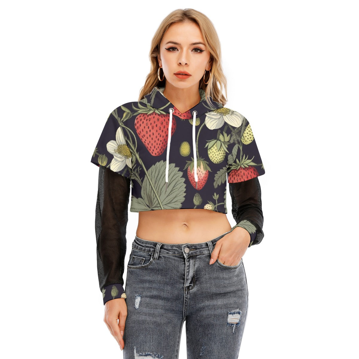 All-Over Print Women's Fake Two-piece Mesh Sleeve Cropped Hoodie