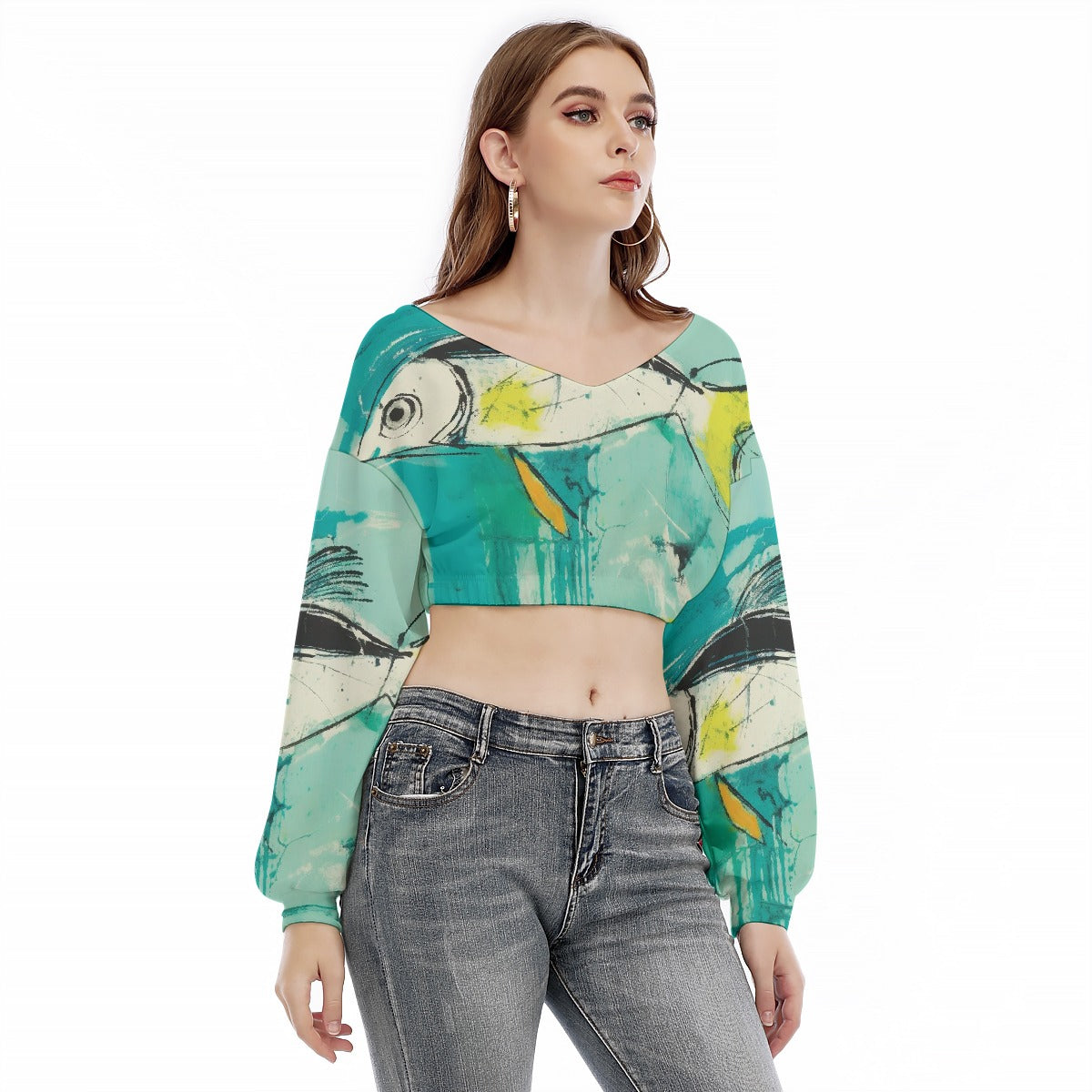 All-Over Print Women's V-neck Long Sleeve Cropped Sweatshirt