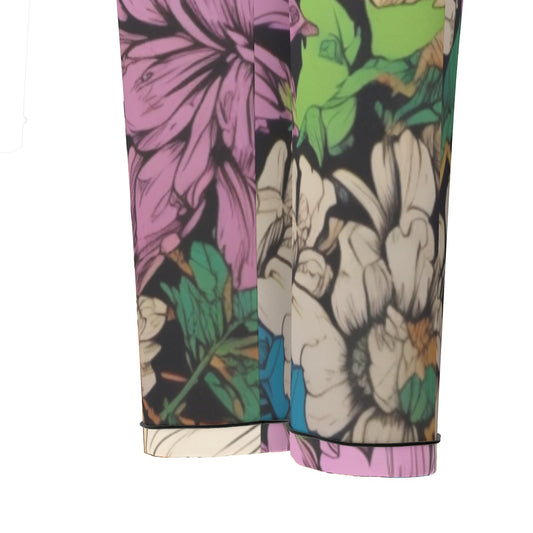 All-Over Print Women's Long Sleeve Pajama Set With Black Contrast Piping