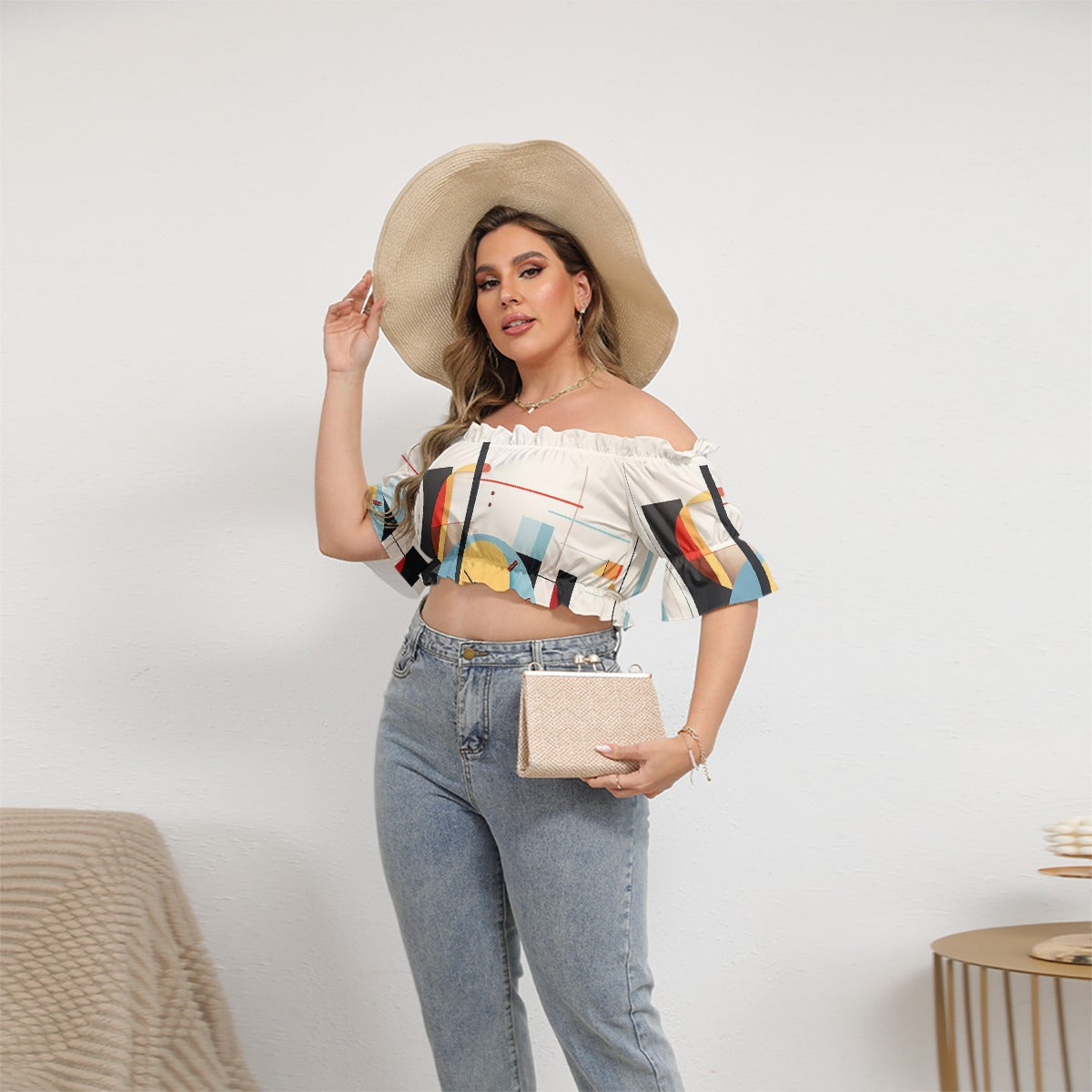 All-Over Print Women's Off-shoulder Cropped Top With Short Puff Sleeve