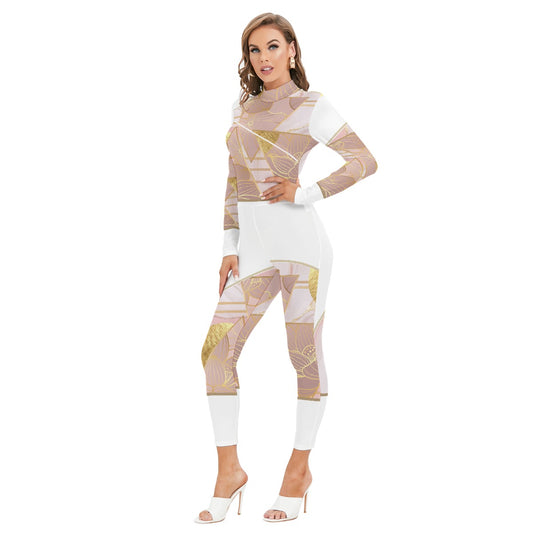 All-Over Print Women's Long-sleeved High-neck Jumpsuit With Zipper