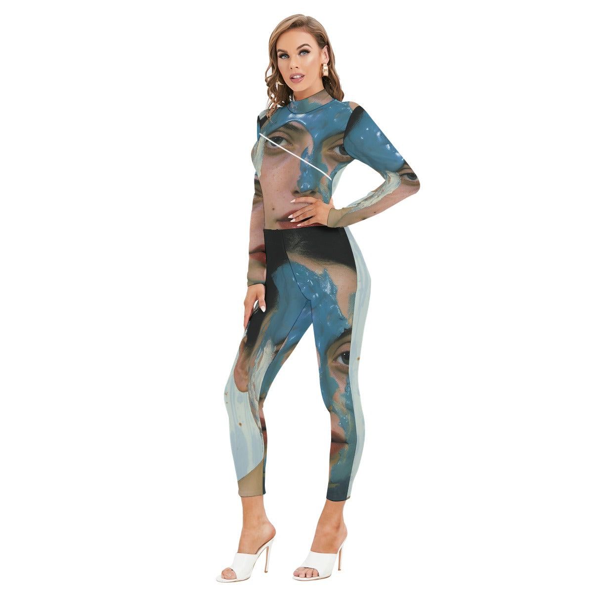 All-Over Print Women's Long-sleeved High-neck Jumpsuit With Zipper
