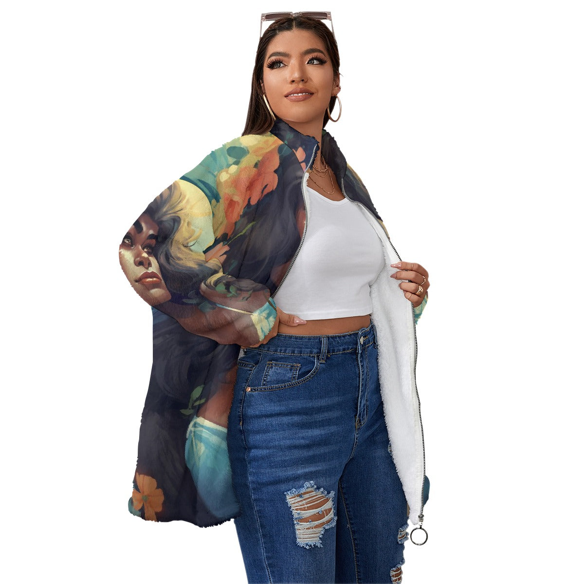 All-Over Print Unisex Borg Fleece Stand-up Collar Coat With Zipper Closure(Plus Size)