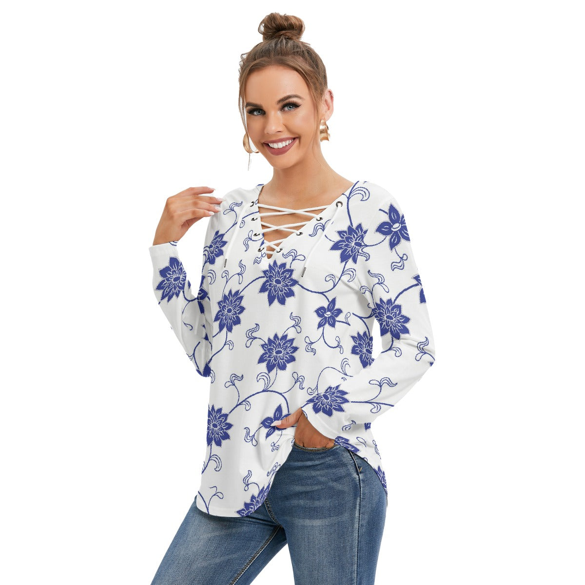 All-Over Print Women's Long Sleeve Neckline Tie Sweatshirt
