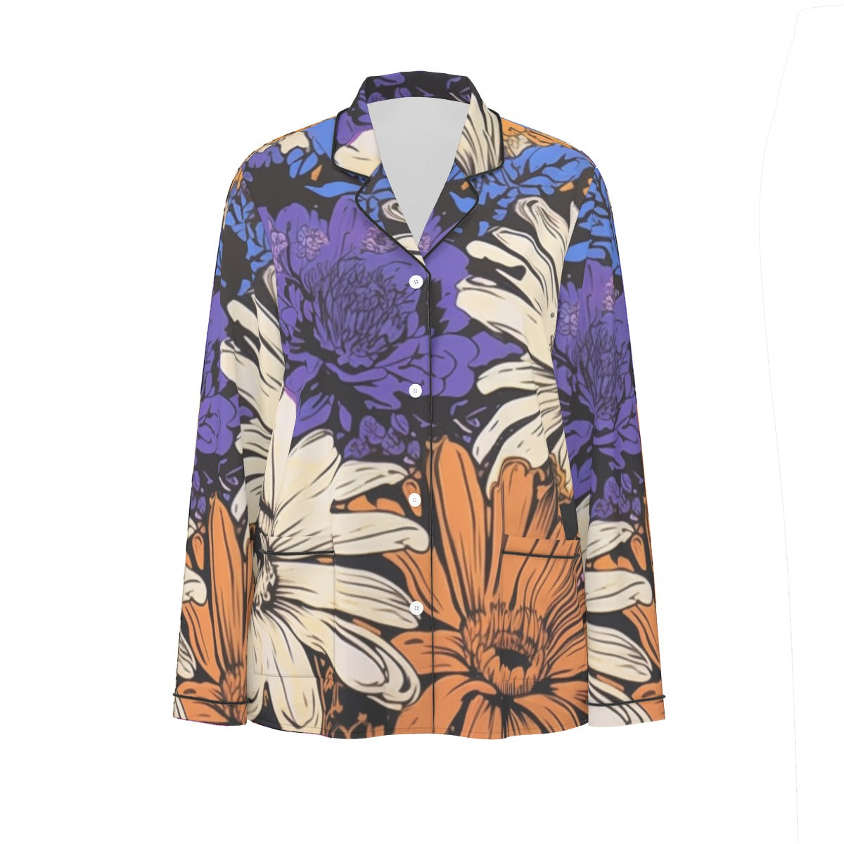 All-Over Print Women's Long Sleeve Pajama Set With Black Contrast Piping