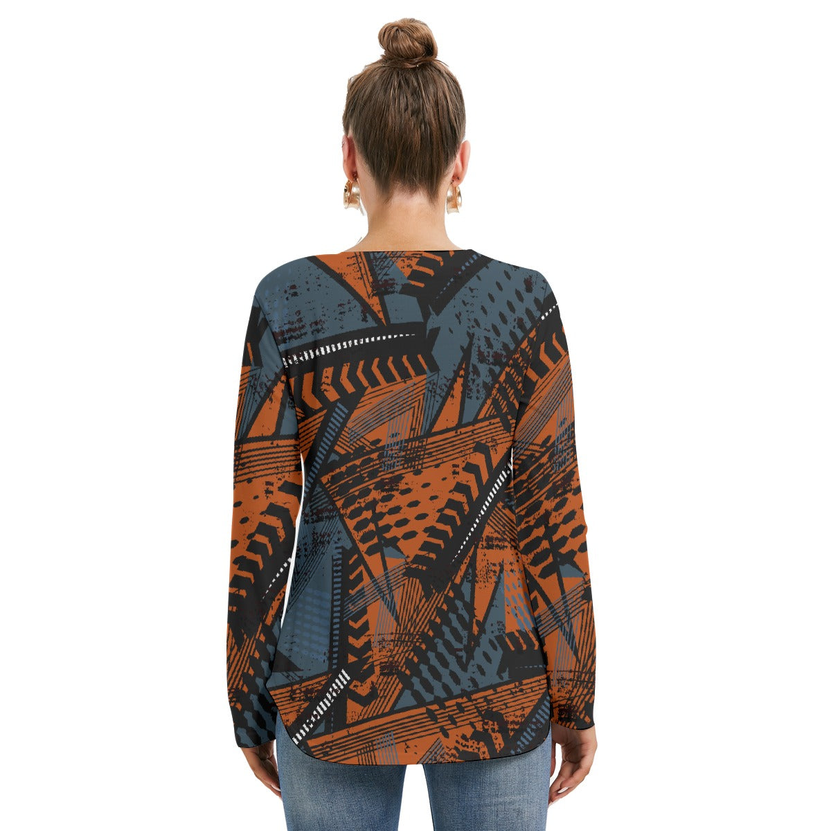 All-Over Print Women's Long Sleeve Neckline Tie Sweatshirt
