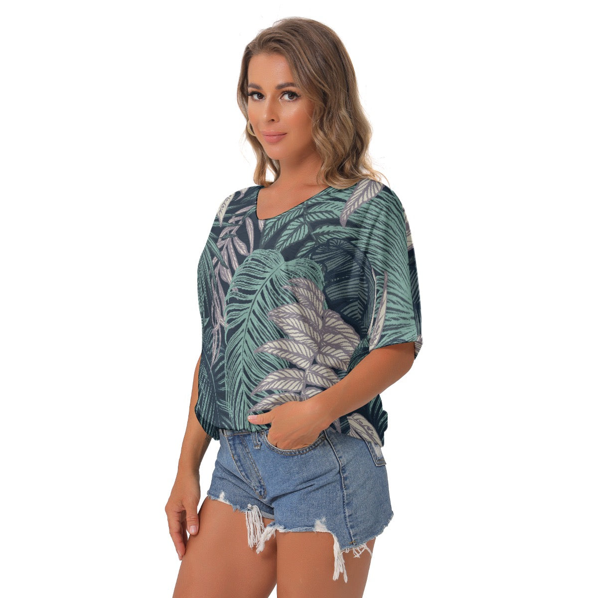 All-Over Print Women's Bat Sleeves V-Neck Blouse