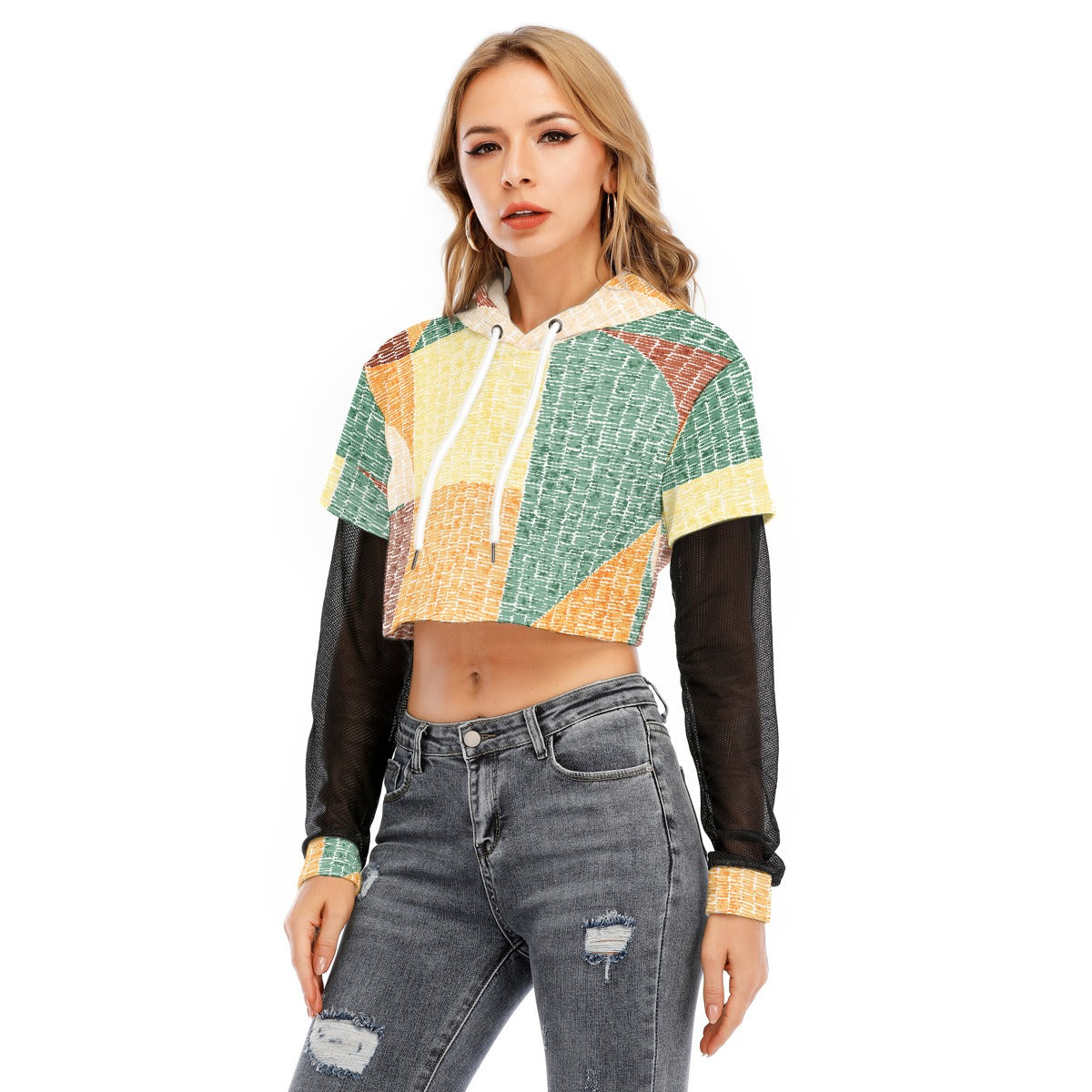 All-Over Print Women's Fake Two-piece Mesh Sleeve Cropped Hoodie