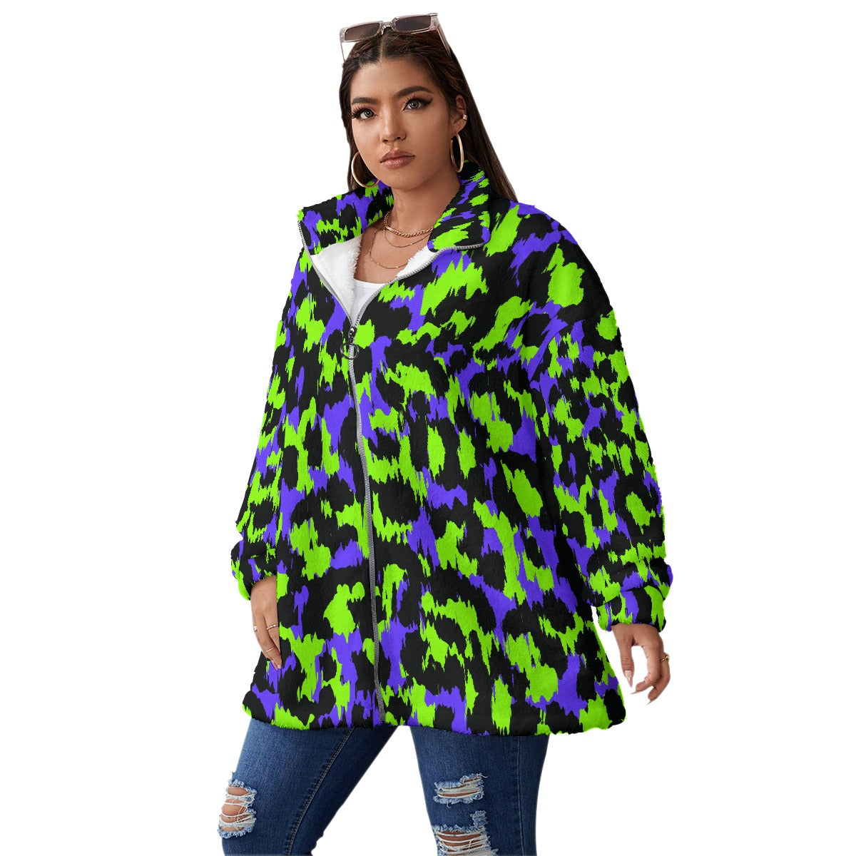 All-Over Print Unisex Borg Fleece Stand-up Collar Coat With Zipper Closure(Plus Size)