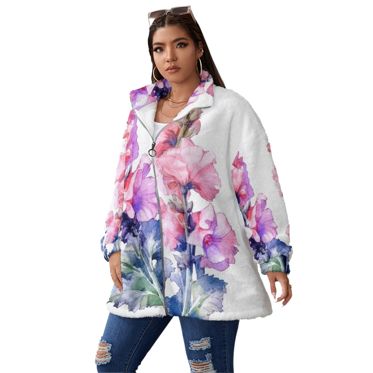 All-Over Print Unisex Borg Fleece Stand-up Collar Coat With Zipper Closure(Plus Size)