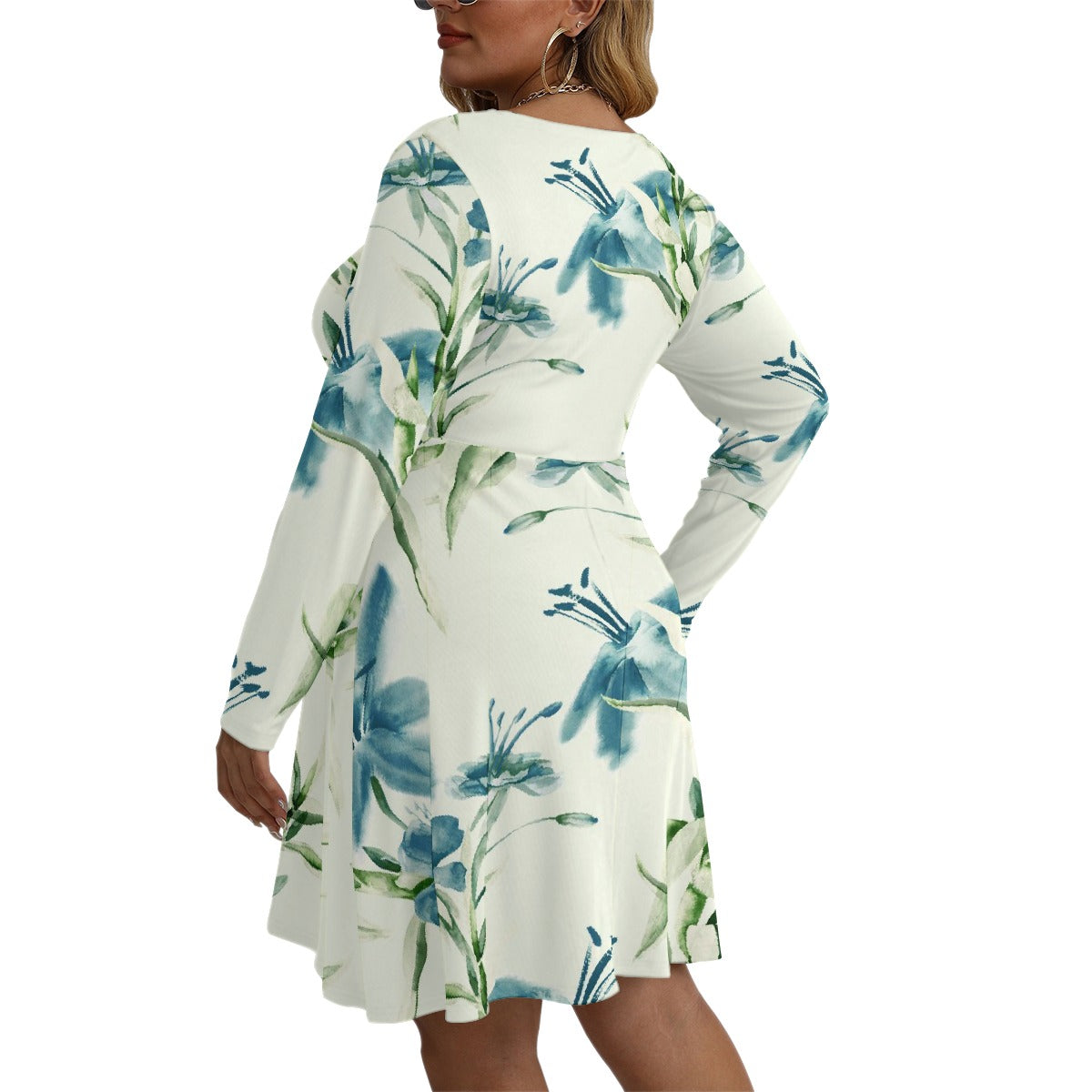 All-Over Print Women's V-neck Long Sleeve Dress(Plus Size)