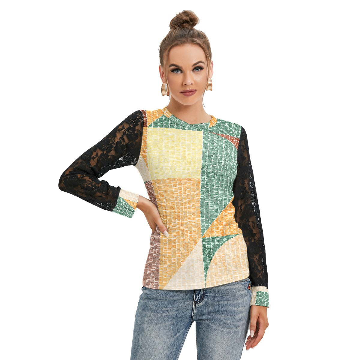 All-Over Print Women's T-shirt And Sleeve With Black Lace