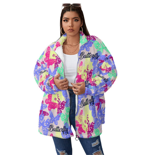 All-Over Print Unisex Borg Fleece Stand-up Collar Coat With Zipper Closure(Plus Size)