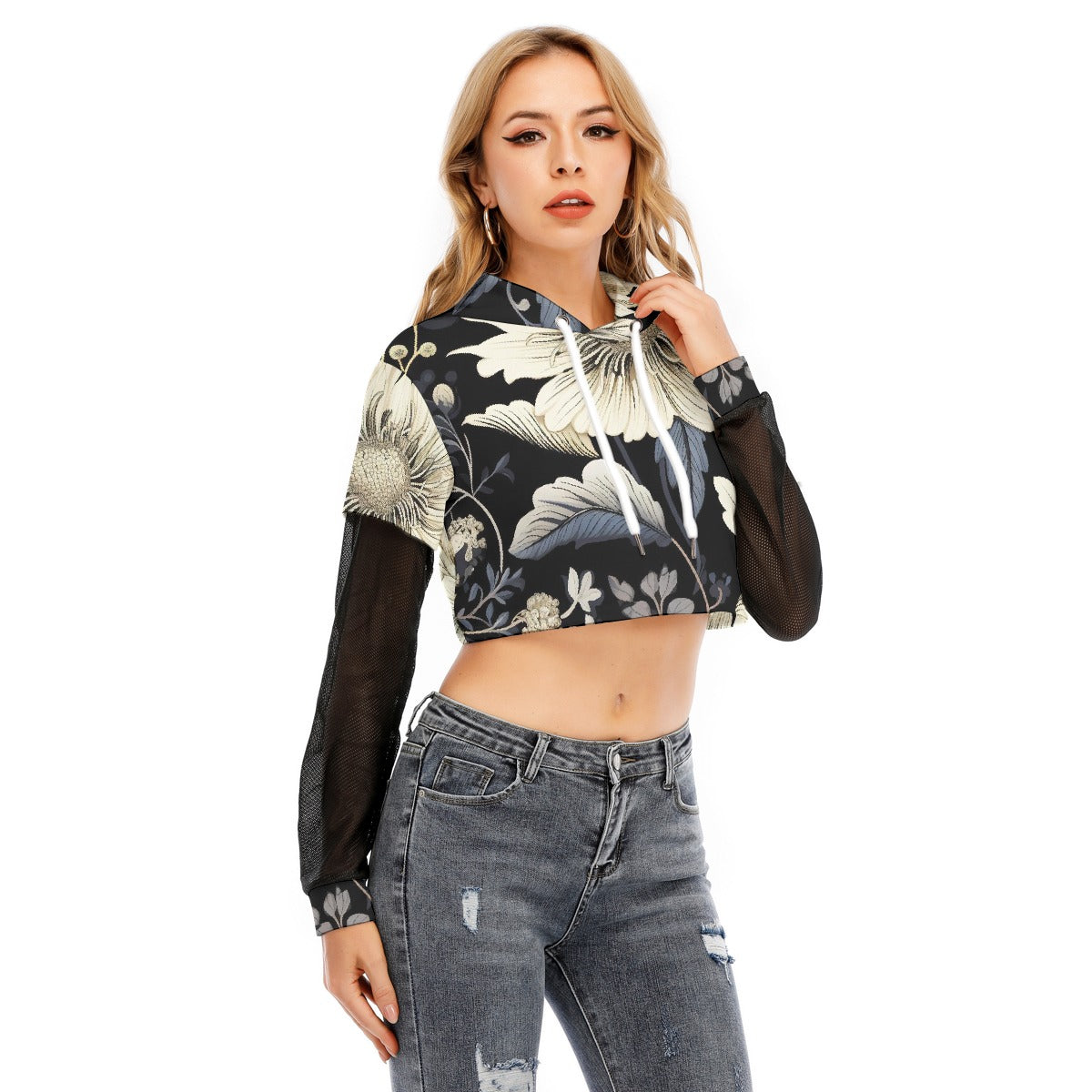 All-Over Print Women's Fake Two-piece Mesh Sleeve Cropped Hoodie