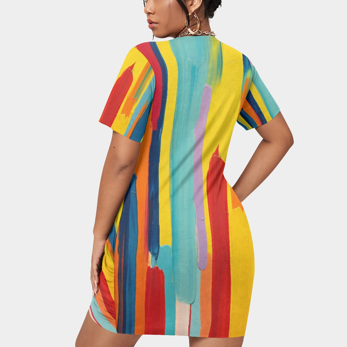 All-Over Print Women’s Stacked Hem Dress With Short Sleeve（Plus Size）