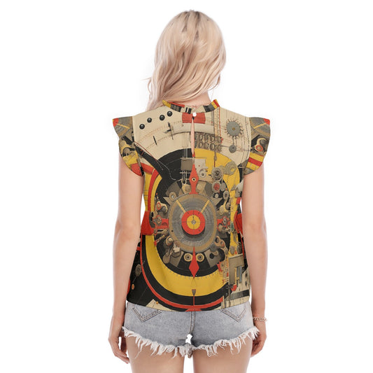 All-Over Print Women's Blouse With Ruffle Collar And Sleeve