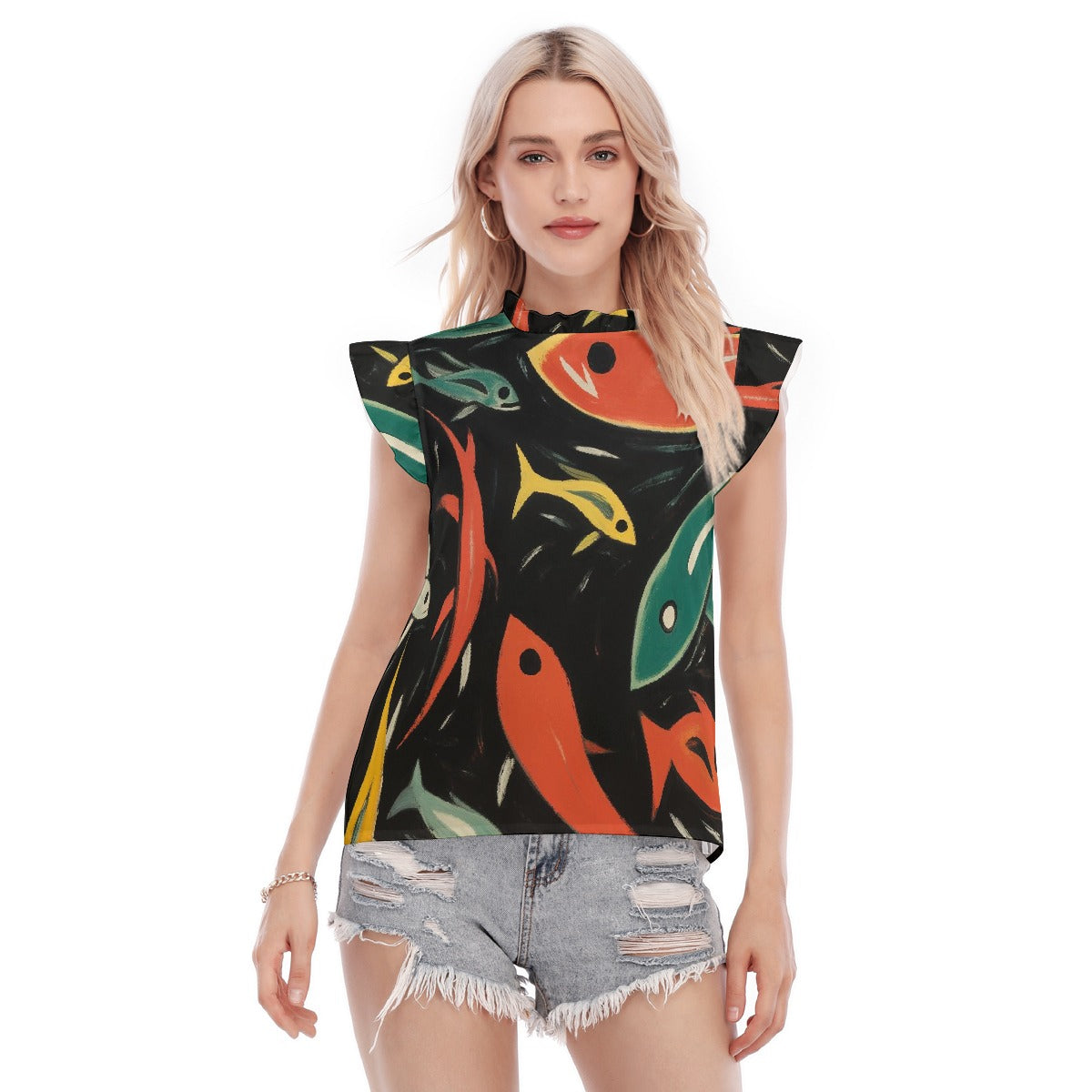 All-Over Print Women's Blouse With Ruffle Collar And Sleeve