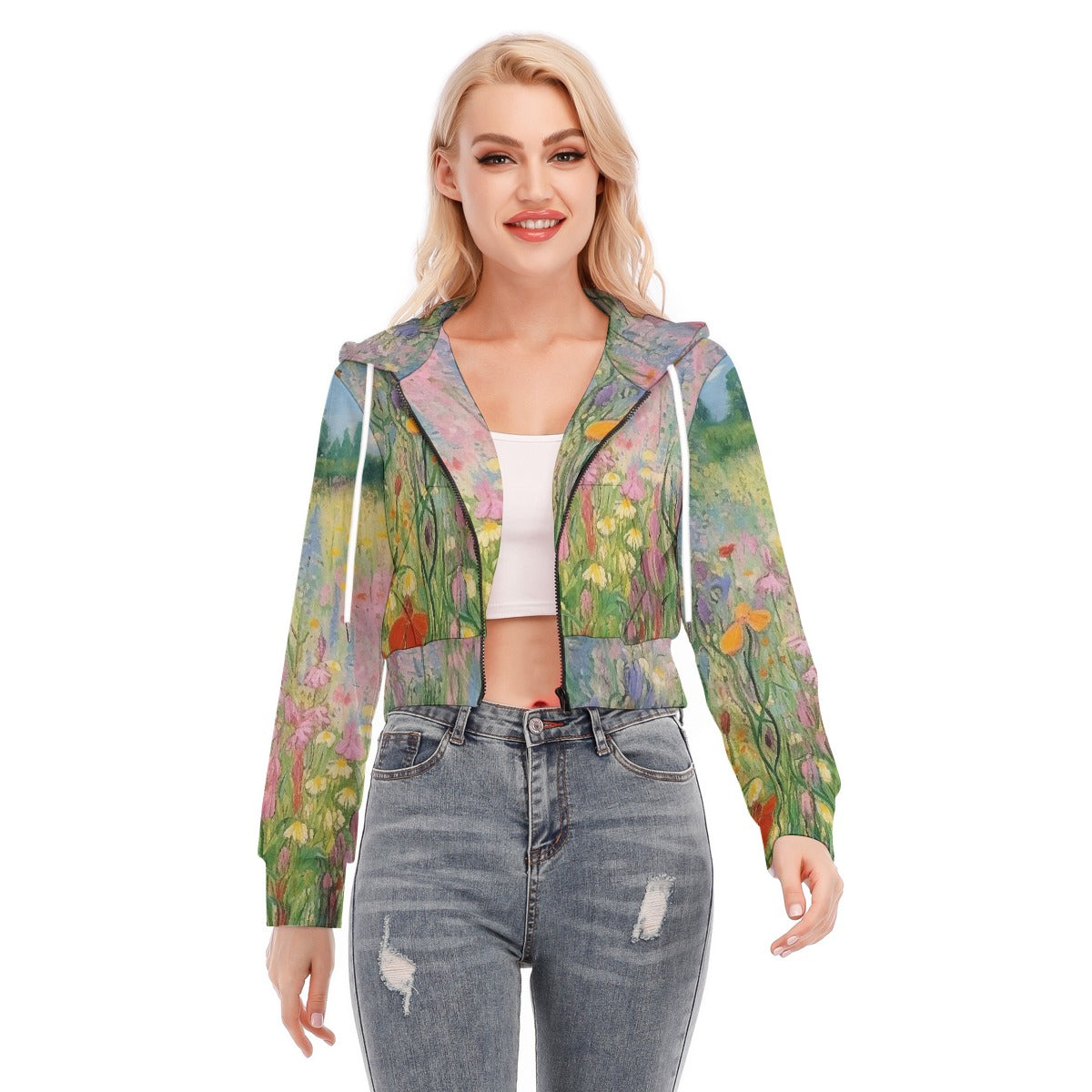 All-Over Print Women's Crop Top Hoodie With Zipper Closure
